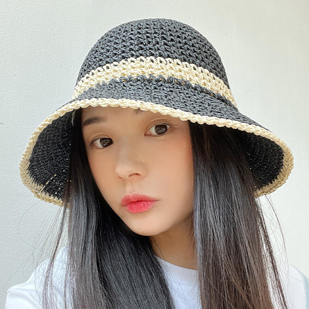 썸머 배색 왕골 여름 여성 밀짚 벙거지 버킷햇 - 상품 이미지