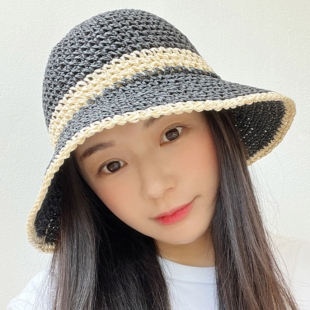 썸머 배색 왕골 여름 여성 밀짚 벙거지 버킷햇 - 상세 이미지 2
