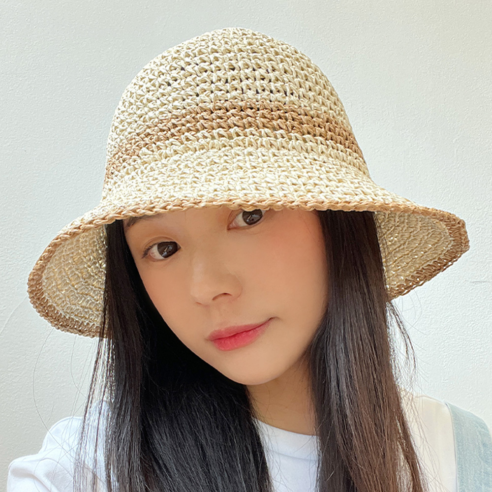 썸머 배색 왕골 여름 여성 밀짚 벙거지 버킷햇 - 상세 이미지 3