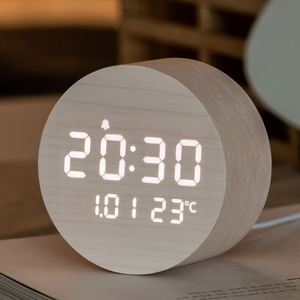 플라이토 문폴 우드 인테리어 LED 탁상시계 디지털 알람 전자 무소음 예쁜 테이블 책상 협탁 시계