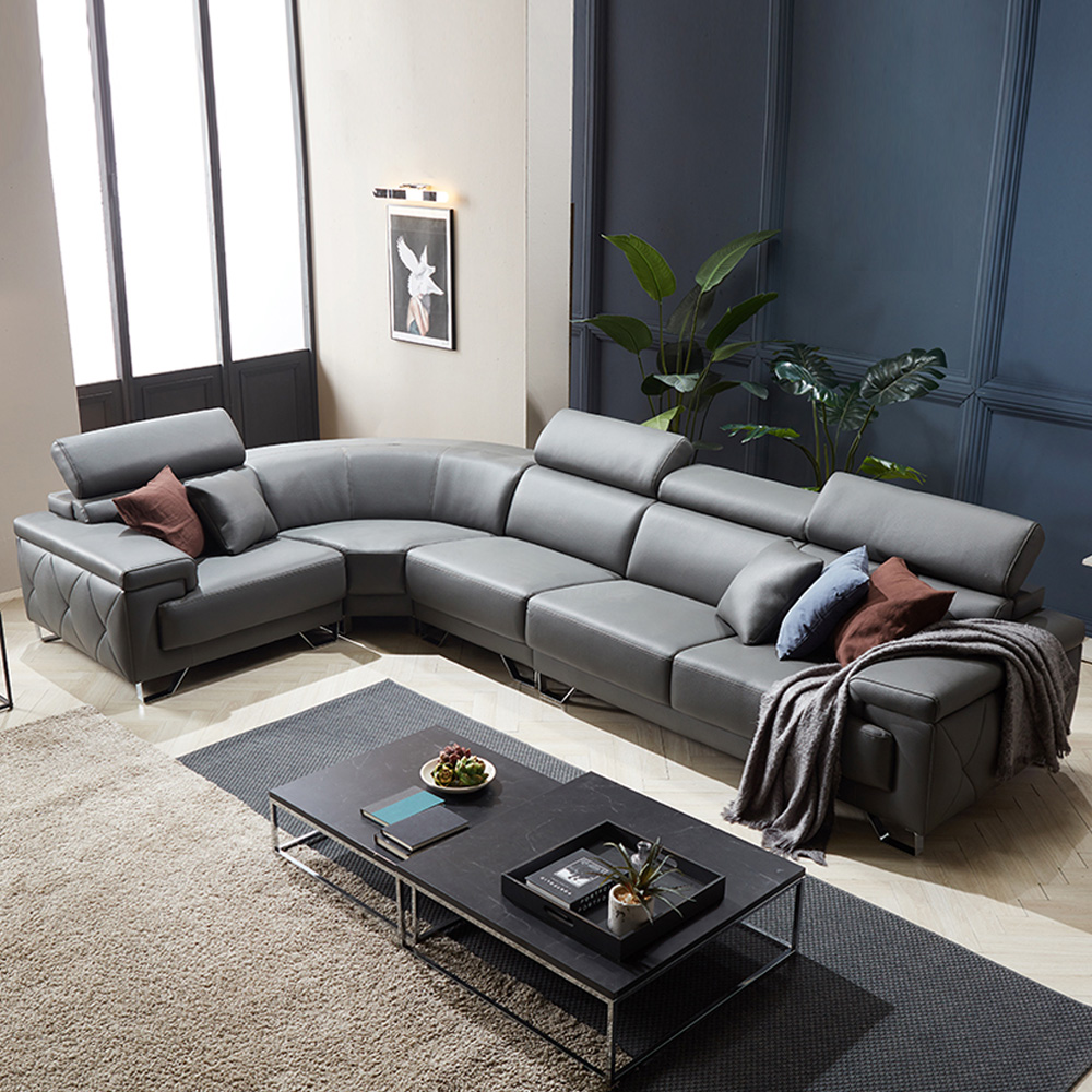 스코나 토피카 나파 가죽 헤드틸팅 코너형 소파 카우치 스툴미포함, 머드그레이, 6인용