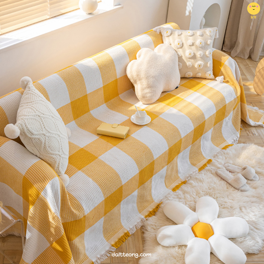달떵 사계절 인견 시어서커 옐로우 체크 쇼파 커버 천갈이 덮개 패드 블랭킷 180x180