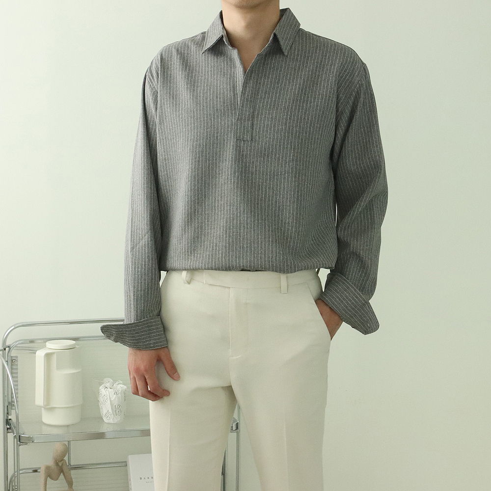 남자실크셔츠 남자 헨리넥 스트라이프 셔츠 - 상세 이미지 3