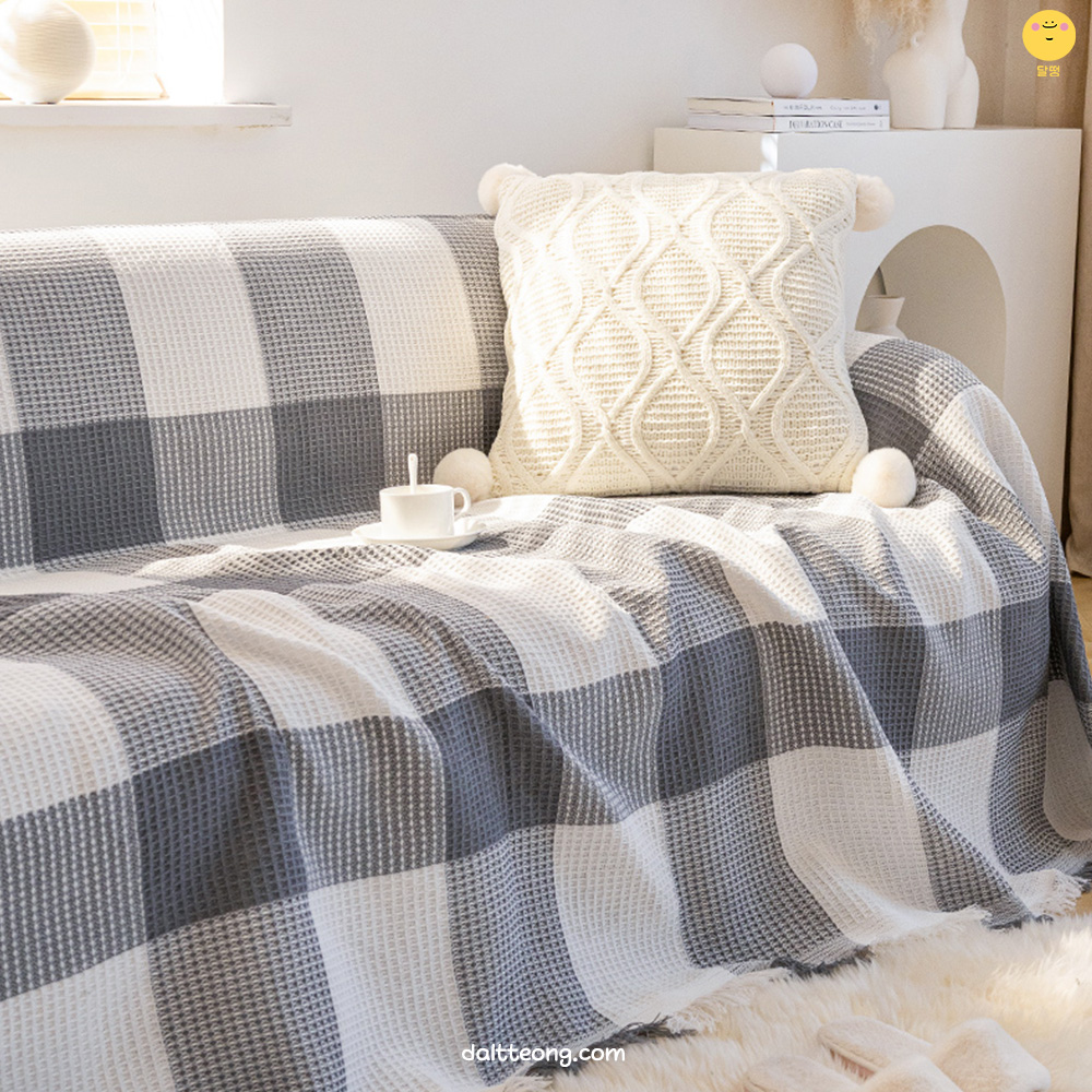 달떵 사계절 인견 시어서커 옐로우 체크 쇼파 커버 천갈이 덮개 패드 블랭킷 180x180