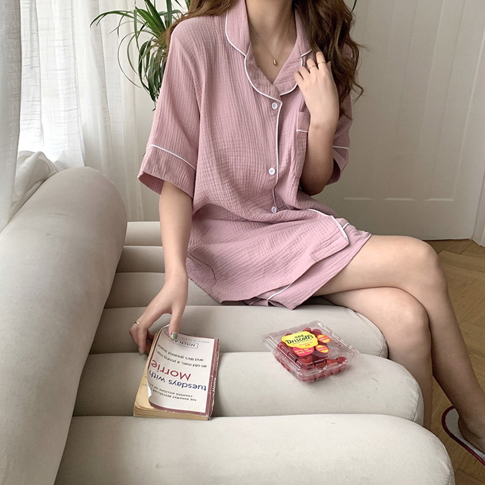 무지 커플잠옷 세트 여름잠옷 반팔 여자 순면 파자마 파티 - 상세 이미지 4