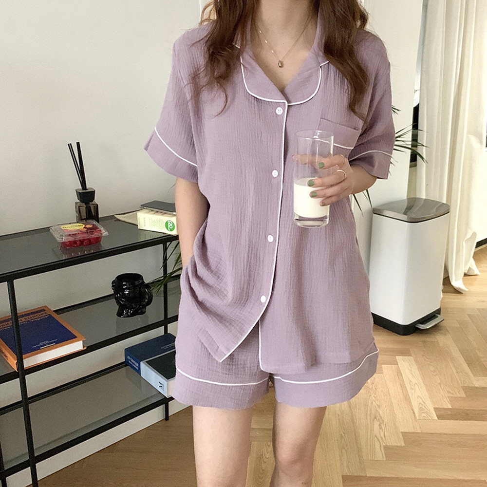 무지 커플잠옷 세트 여름잠옷 반팔 여자 순면 파자마 파티 - 상세 이미지 5