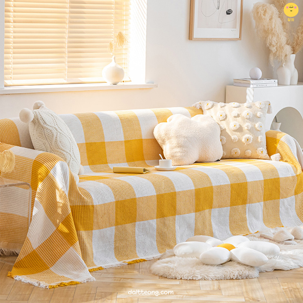달떵 사계절 인견 시어서커 옐로우 체크 쇼파 커버 천갈이 덮개 패드 블랭킷 180x180