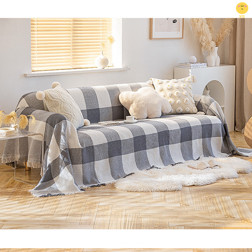 달떵 사계절 인견 시어서커 옐로우 체크 쇼파 커버 천갈이 덮개 패드 블랭킷 180x180