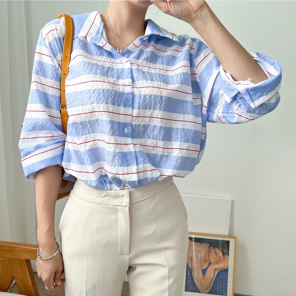 여름 간절기 스트라이프 단가라 빅사이즈 카라 7부 남방 셔츠 이미지 4