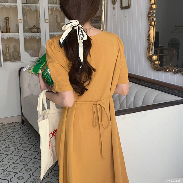 미우 스퀘어넥 린넨 퍼프 롱원피스 3color 여름 허리끈벨트 주름 루즈핏 제이플로우 이미지 6