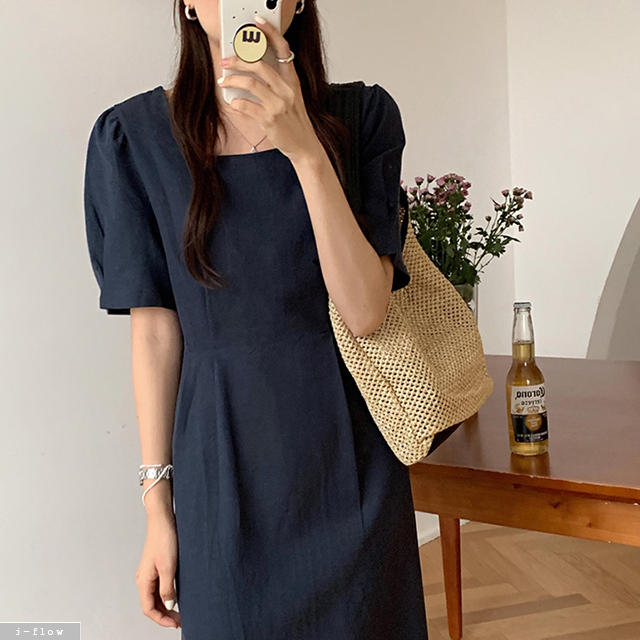 미우 스퀘어넥 린넨 퍼프 롱원피스 3color 여름 허리끈벨트 주름 루즈핏 제이플로우 - 상품 이미지