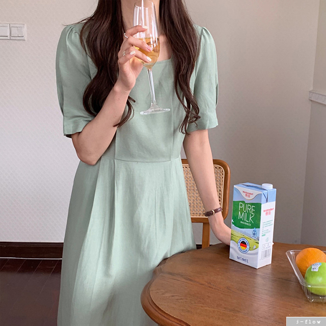 미우 스퀘어넥 린넨 퍼프 롱원피스 3color 여름 허리끈벨트 주름 루즈핏 제이플로우 - 상세 이미지 5