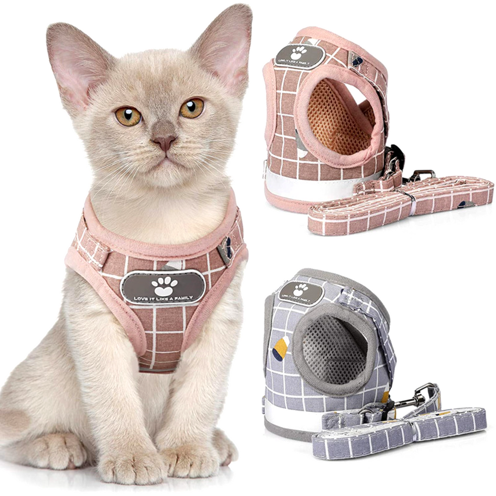 퍼플펫 고양이 하네스 가슴줄 목줄 고양이전용 산책줄 체크무늬