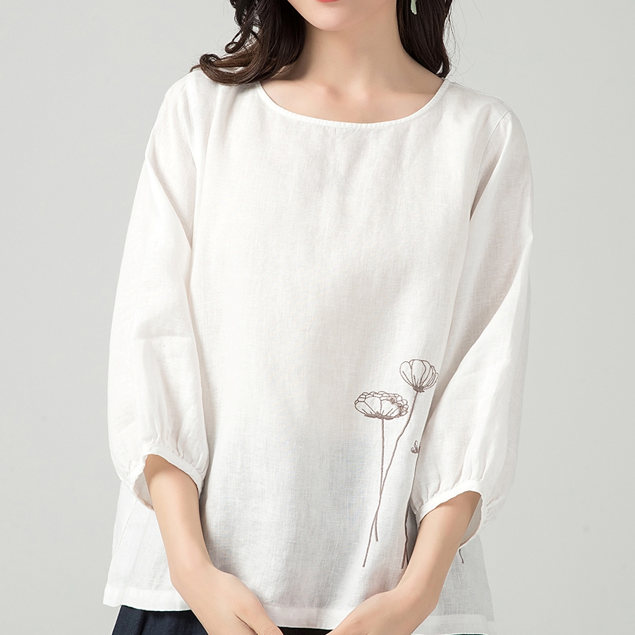 하마마스 여름 린넨 자수 라운드넥 린넨블라우스 7부소매 뒷단추 77사이즈 - 상품 이미지