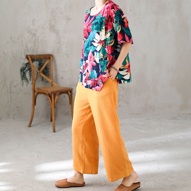 하마마스 봄 여름 면 주름 9부 일자바지 블라우스 - 상품 이미지