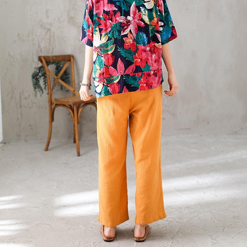 하마마스 봄 여름 면 주름 9부 일자바지 블라우스 - 상세 이미지 3