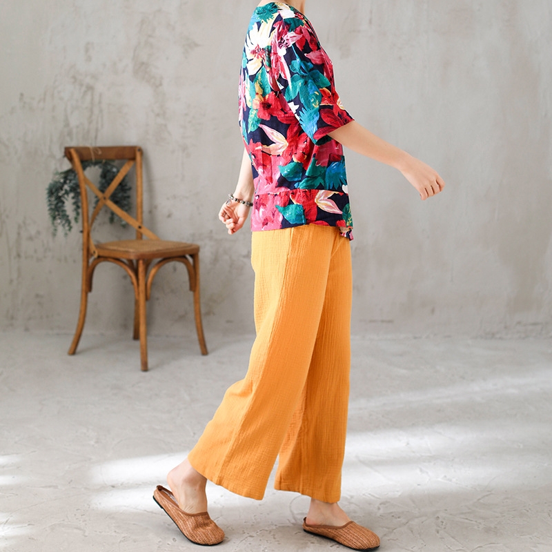 하마마스 봄 여름 면 주름 9부 일자바지 블라우스 - 상세 이미지 2