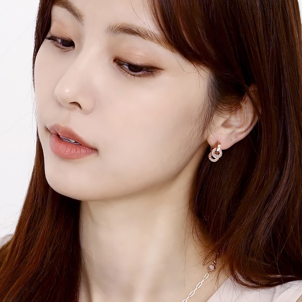 트윈 써클 큐빅 드롭 원터치 링 귀걸이 - 상세 이미지 2