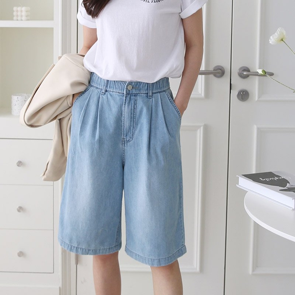 연청 5부 데님 청 주름 히든밴딩 반바지 이미지 3