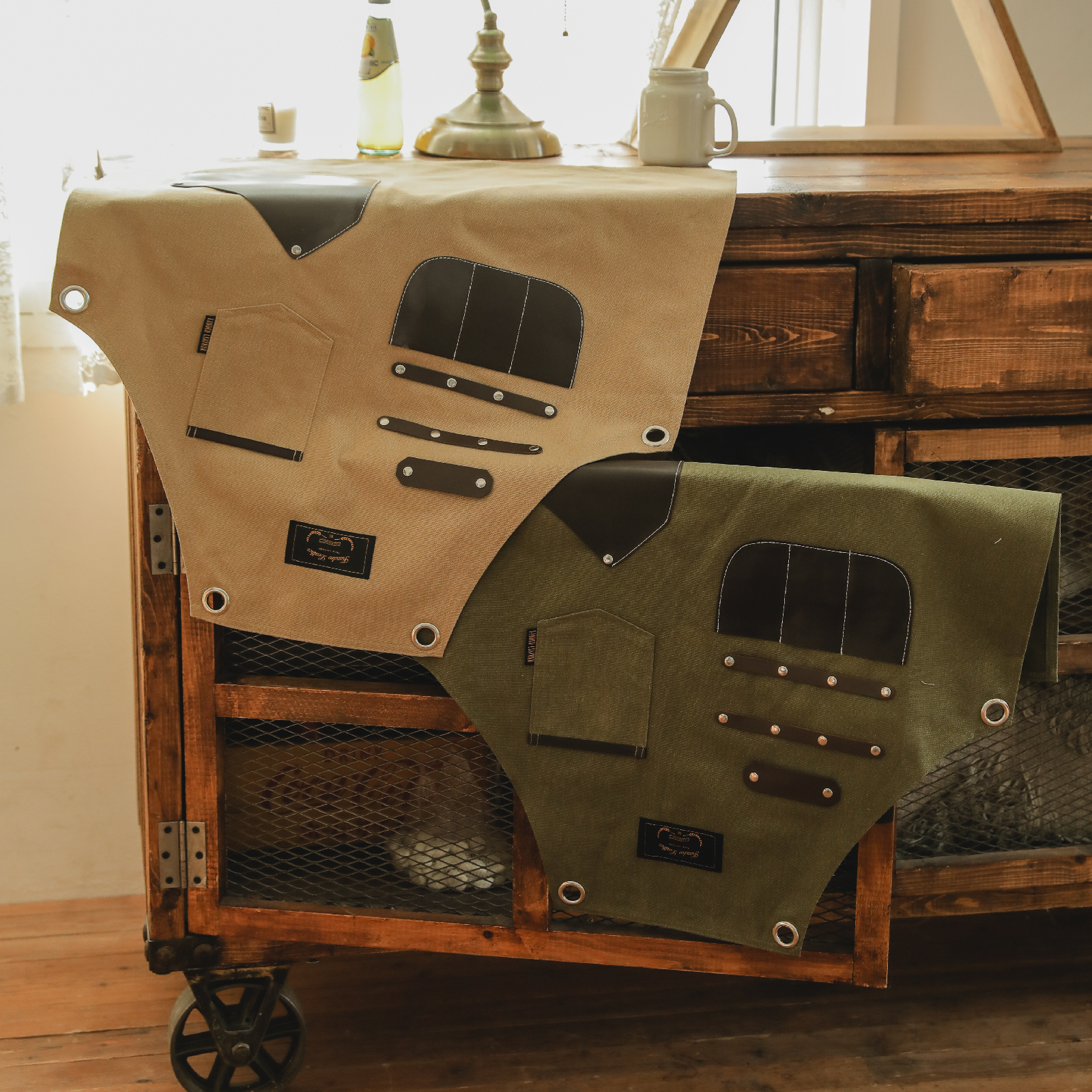 칸데오레더 하이드 카키 공방 미용실 카페 미용사 바리스타 앞치마 가죽 꽃집 앞치마