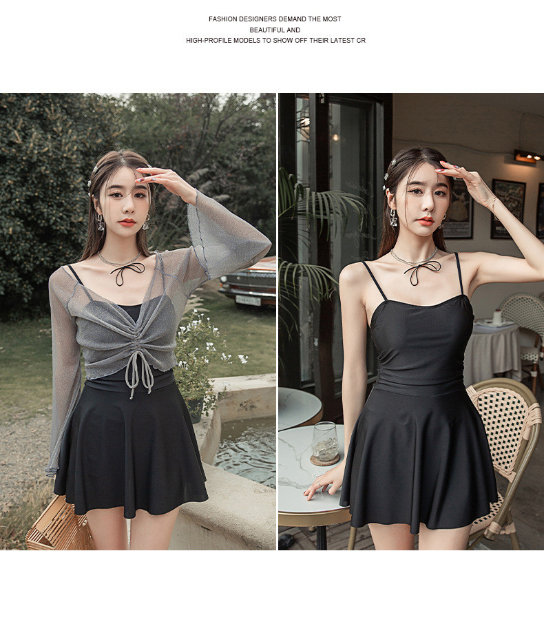 [L-5XL/빅사이즈] 여리여리 원피스 수영복 체형커버 긴팔 시스루 셔링 래쉬가드 커버업 + 2피스 세트 상세 이미지 4