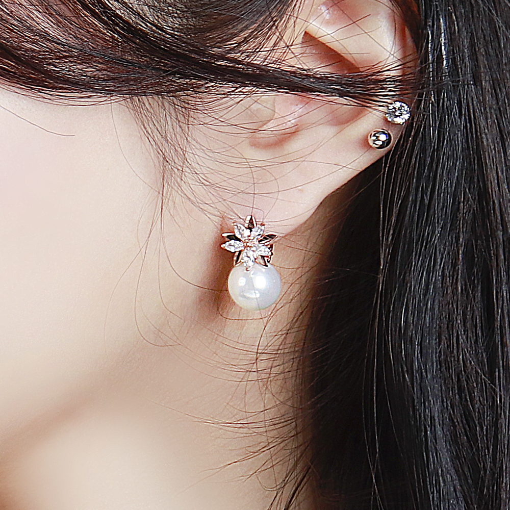 핵 진주 10미리 플라워 귀걸이 원터치 큐빅 한복 혼주 친구 생일 선물 순백 14K 18