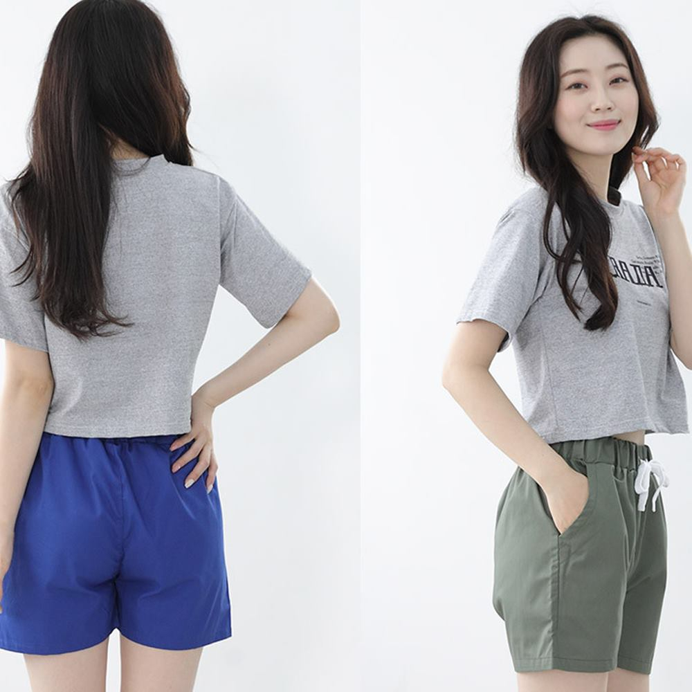 여성 4부 면 밴딩 반바지 잠옷 휴가룩 팬츠 고무줄 화이트 - 상세 이미지 3