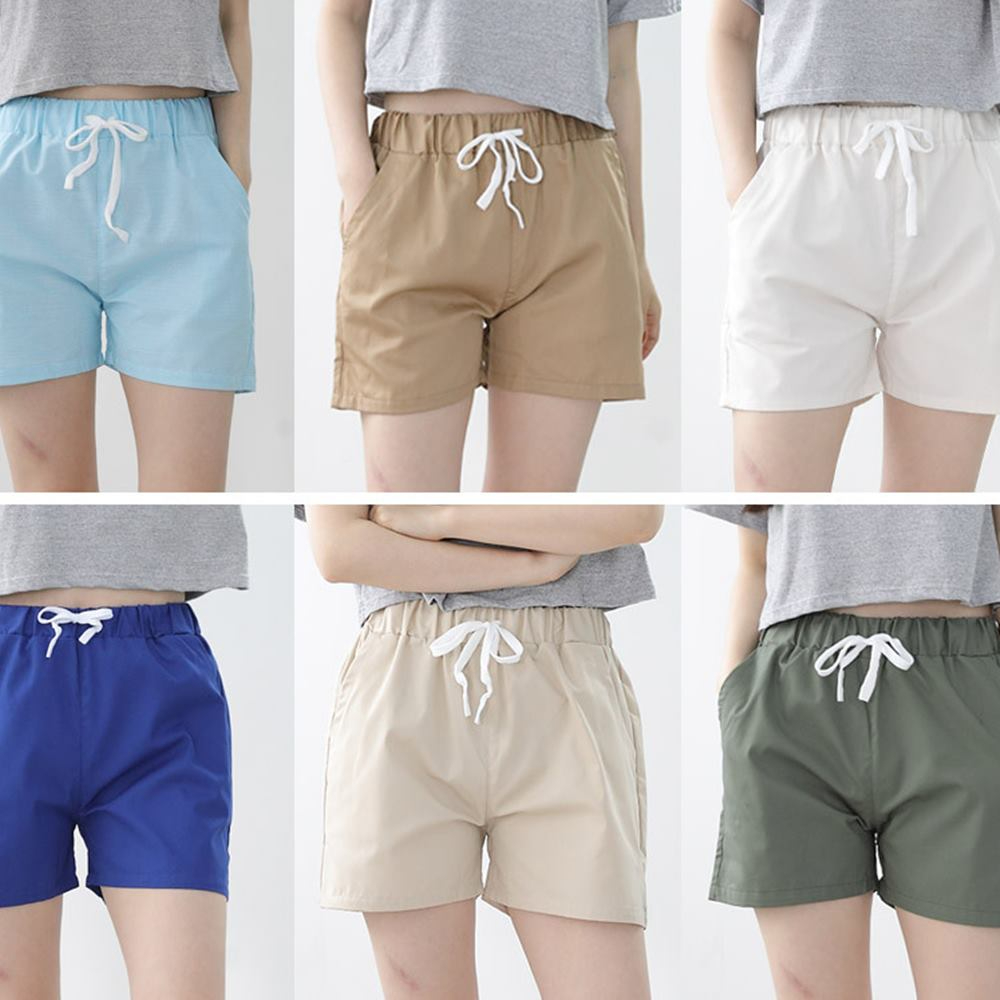 여성 4부 면 밴딩 반바지 잠옷 휴가룩 팬츠 고무줄 화이트 - 상품 이미지