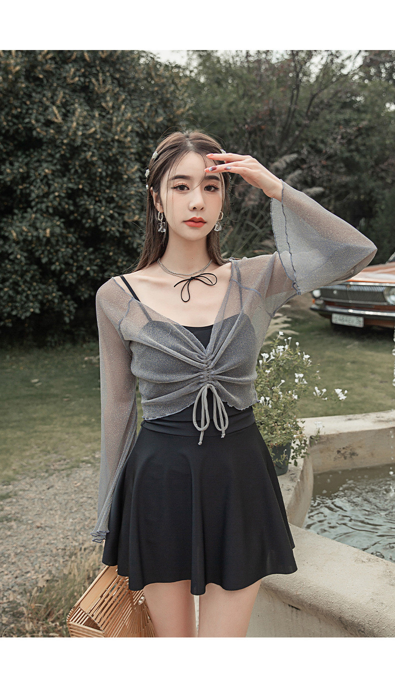 [L-5XL/빅사이즈] 여리여리 원피스 수영복 체형커버 긴팔 시스루 셔링 래쉬가드 커버업 + 2피스 세트 상세 이미지 5