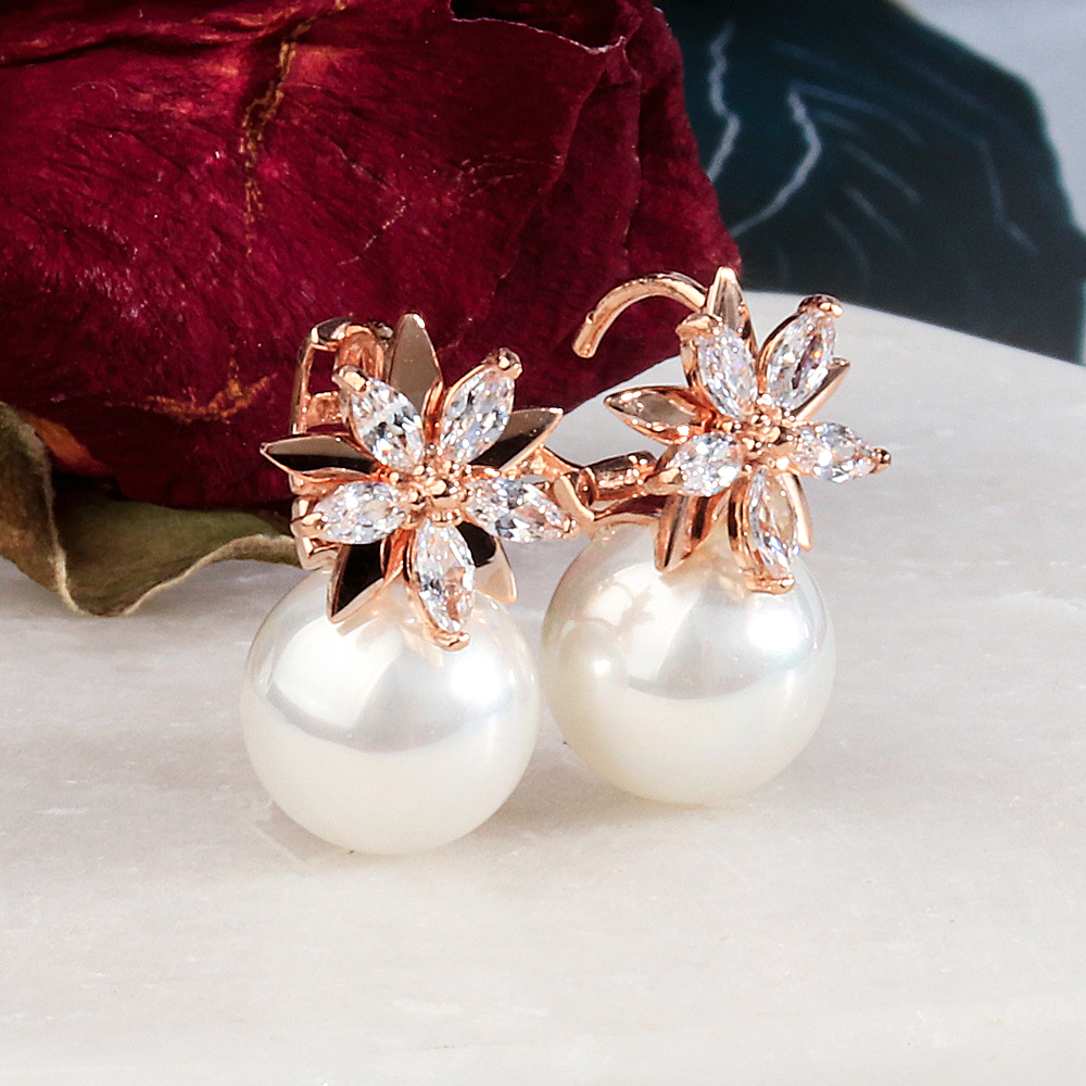 핵 진주 10미리 플라워 귀걸이 원터치 큐빅 한복 혼주 친구 생일 선물 순백 14K 18