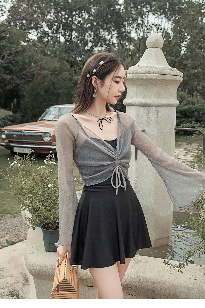 [L-5XL/빅사이즈] 여리여리 원피스 수영복 체형커버 긴팔 시스루 셔링 래쉬가드 커버업 + 2피스 세트 상세 이미지 6