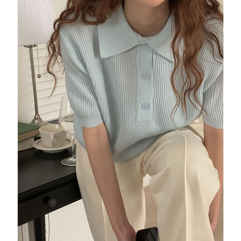 오버무드 여성 루즈핏 러블리 단추 골지 카라 하프 반팔 니트 5color