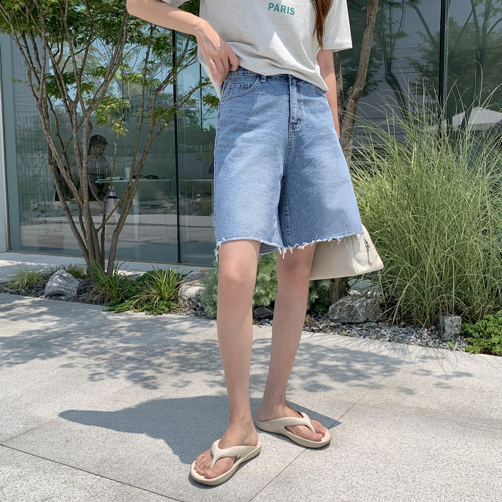 하이웨스트 데님 세미 와이드팬츠 여자 버뮤다팬츠 통바지 여성 반바지 여름 바지 5부 반바지 - 상세 이미지 4