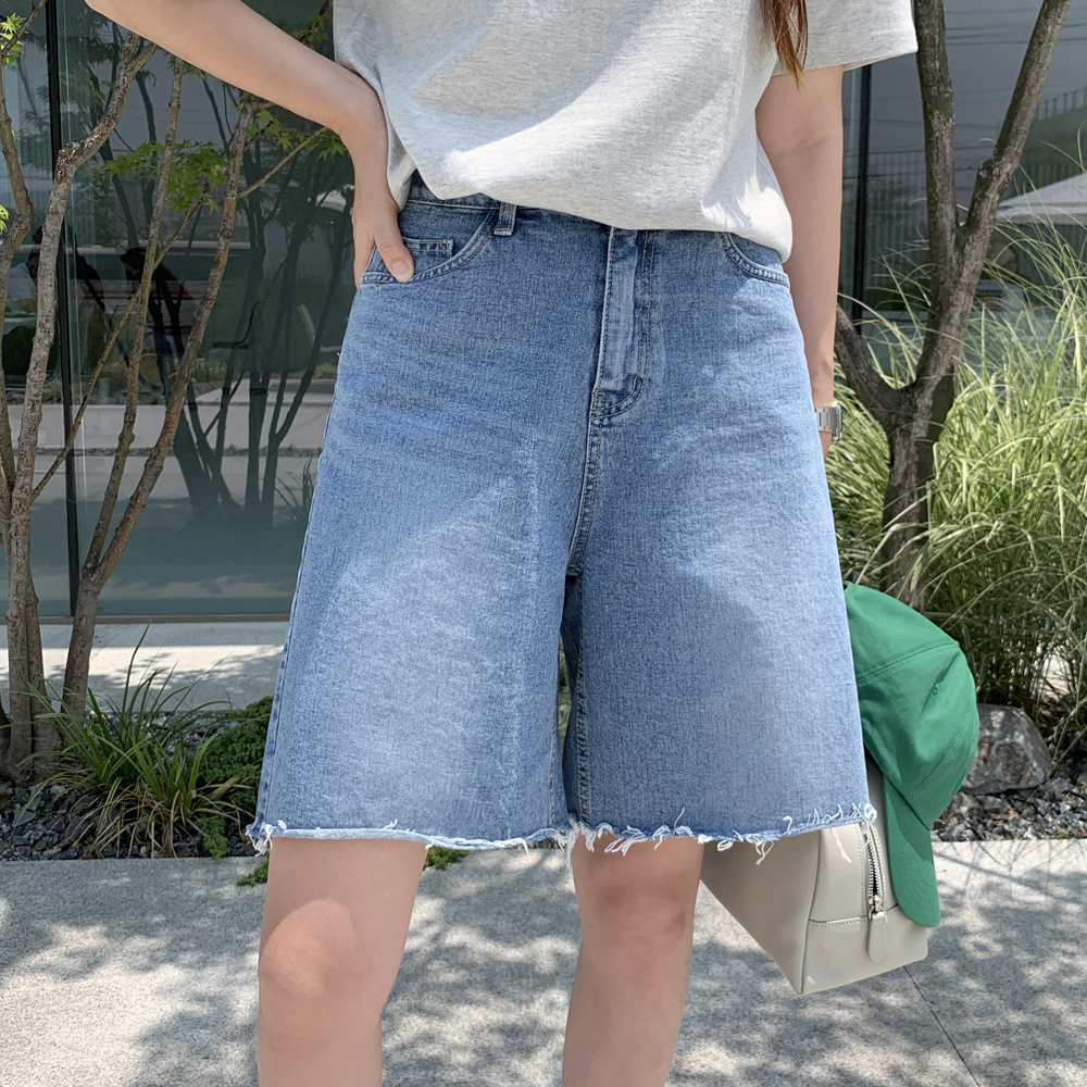 하이웨스트 데님 세미 와이드팬츠 여자 버뮤다팬츠 통바지 여성 반바지 여름 바지 5부 반바지 - 상세 이미지 5