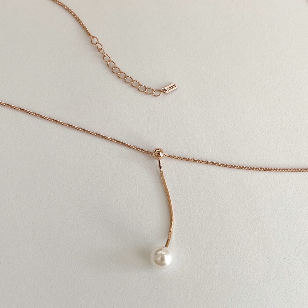 [무배/실버925] 14k 로즈골드 스왈 진주 Y드롭 뱀줄 체인 은목걸이 - 상세 이미지 4