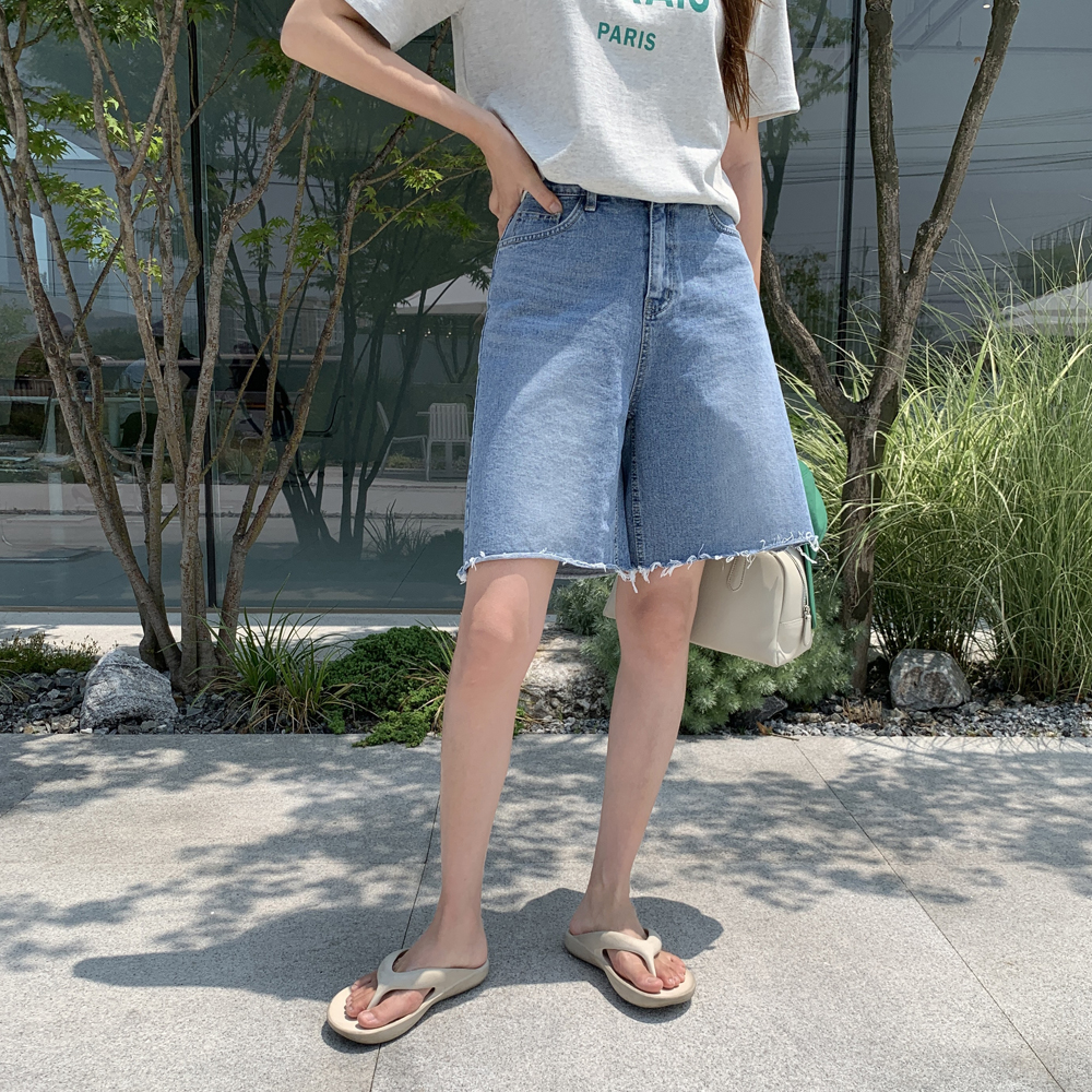 하이웨스트 데님 세미 와이드팬츠 여자 버뮤다팬츠 통바지 여성 반바지 여름 바지 5부 반바지 - 상세 이미지 3