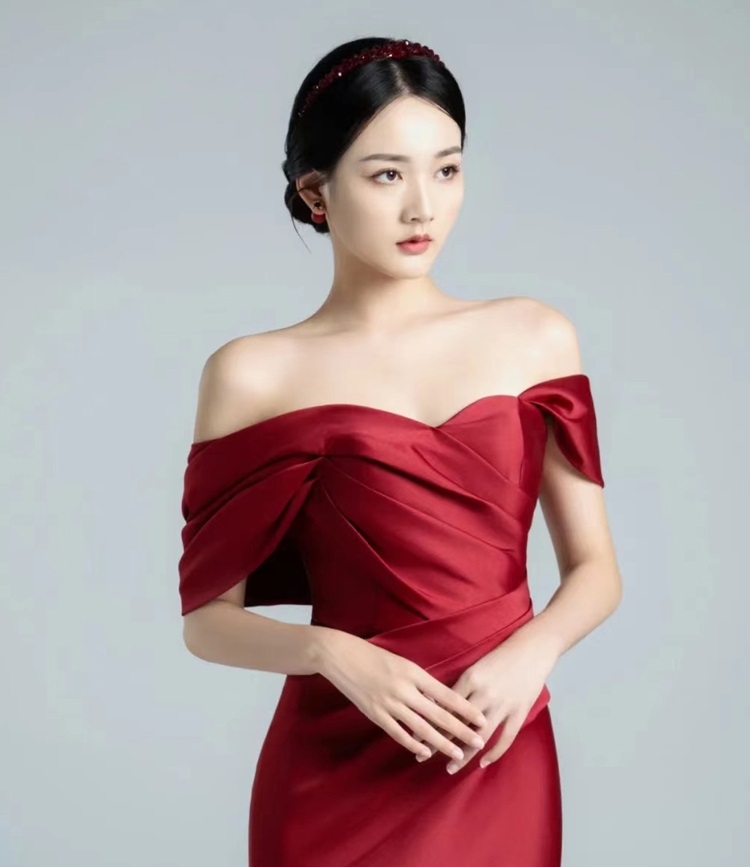새틴 오프숄더 리본 셀프웨딩스냅촬영드레스 이브닝 파티 레드드레스 이미지 4