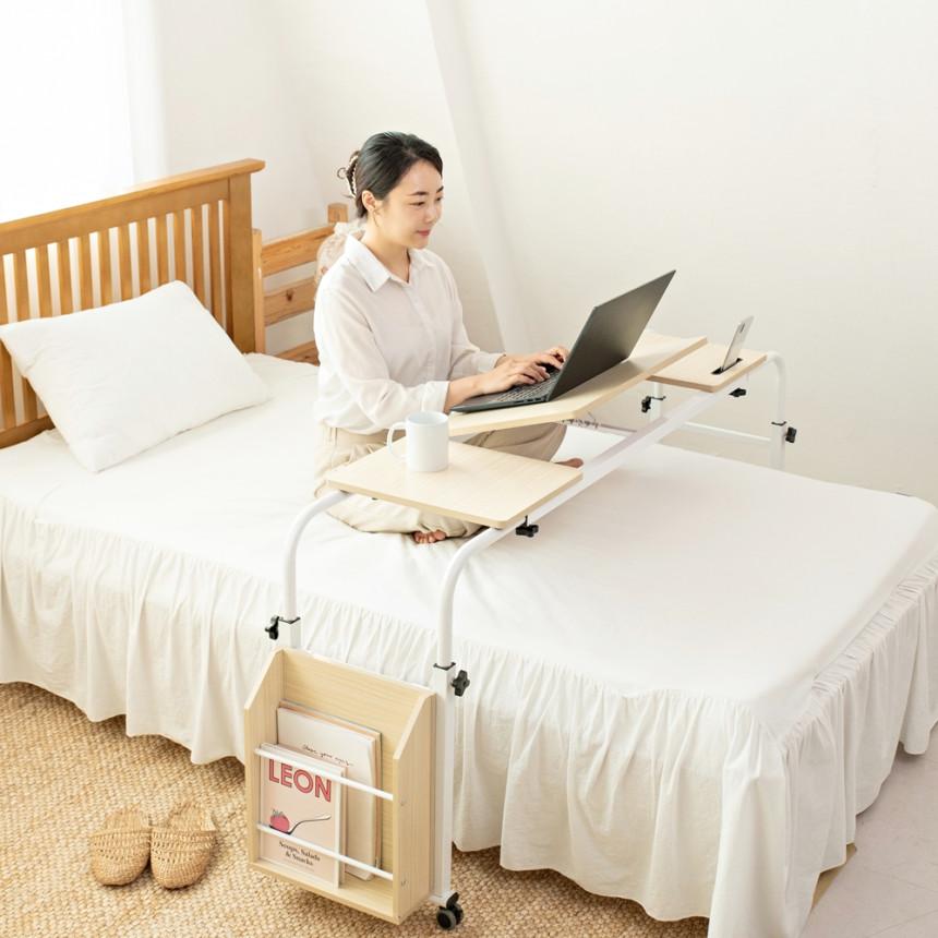 침대용 이동식 바퀴달린 테이블 간이 책상 침대 위 높낮이조절 쇼파 협탁 보조 80x40 사진 3