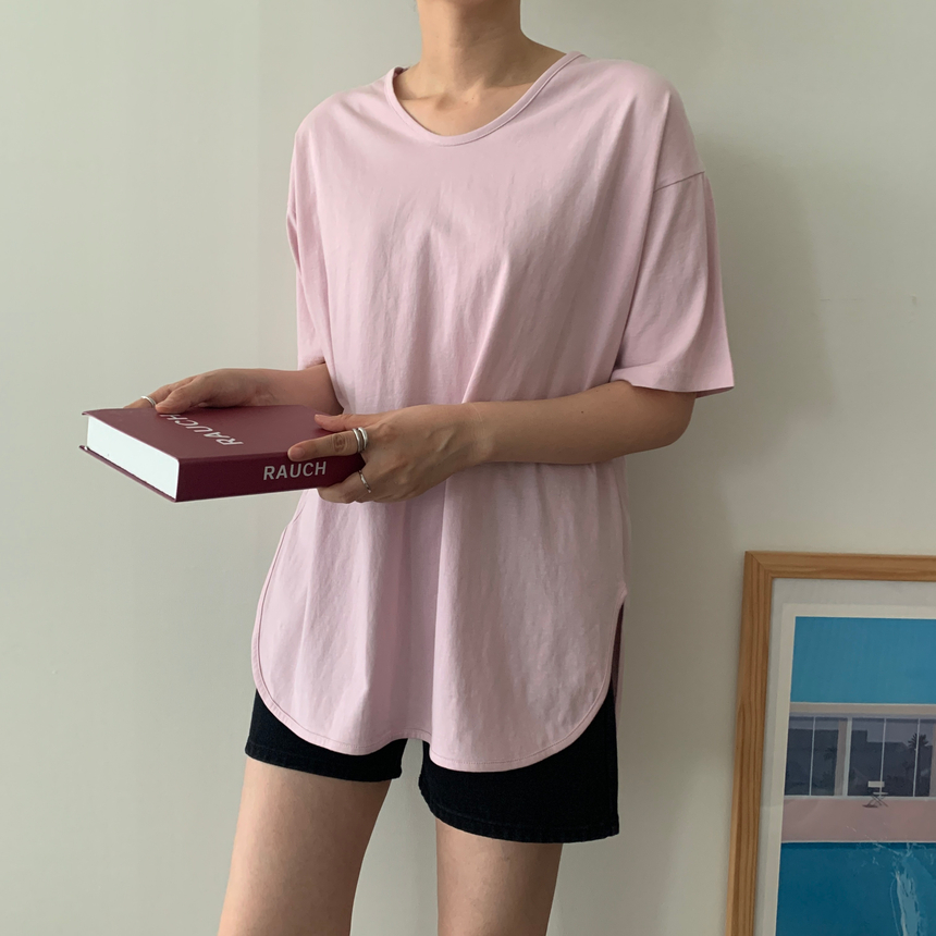 [💙2천장돌파/자체제작][레이어드티/박스티] 여름 언발 브이넥 옆트임 롱 반팔티 긴팔티 2047 상세 이미지 7