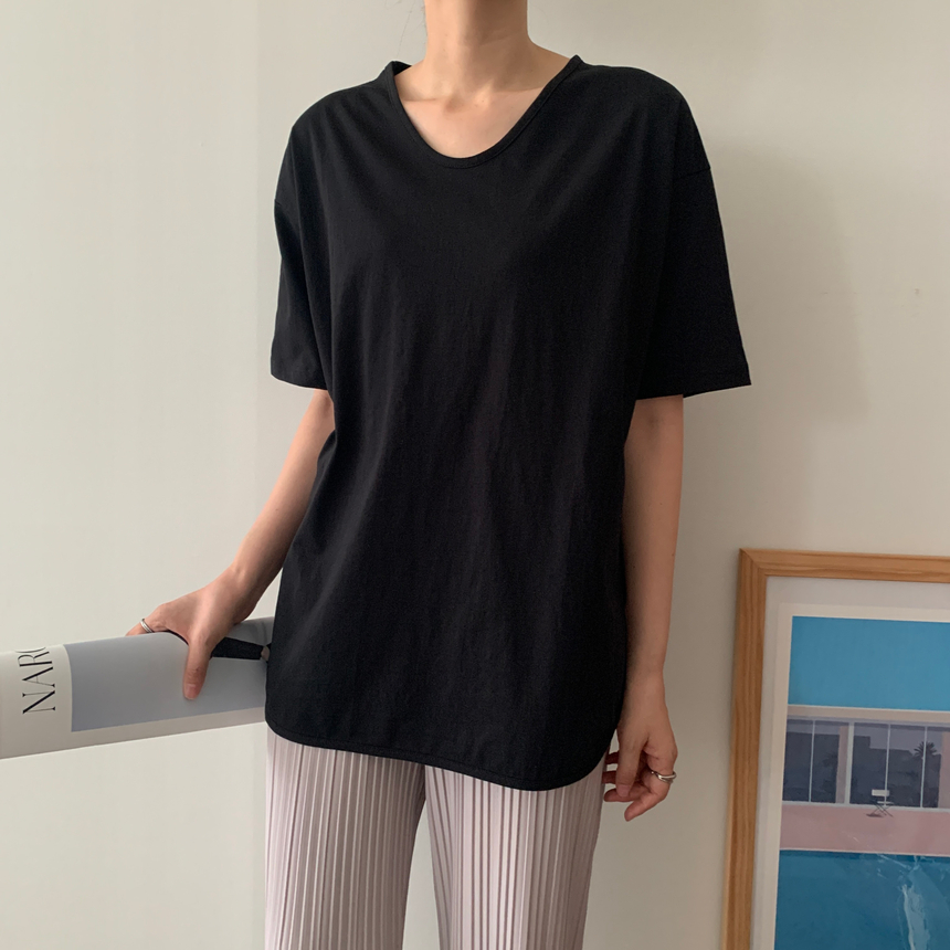 [💙2천장돌파/자체제작][레이어드티/박스티] 여름 언발 브이넥 옆트임 롱 반팔티 긴팔티 2047 상세 이미지 24