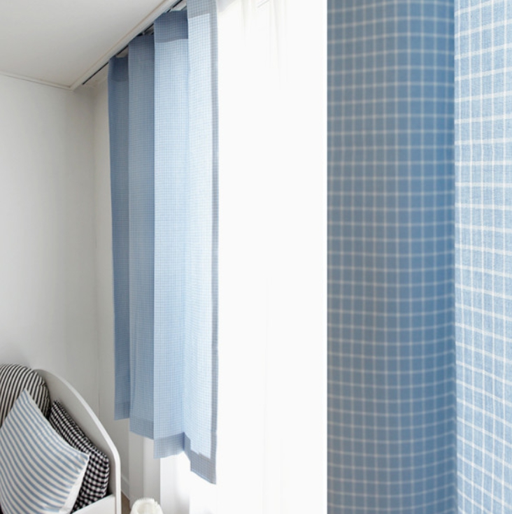 블루 빈티지 체크 커튼 아이방 유아 아기방