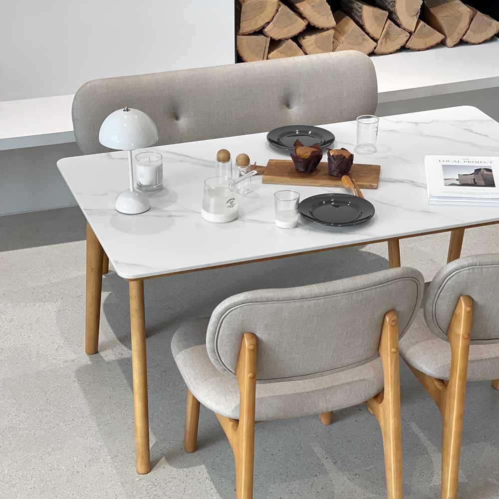 로포텐 올라 세라믹식탁 세트 원목 4인용 낮은 식탁 포세린 마블화이트 1400 의자2 벤치