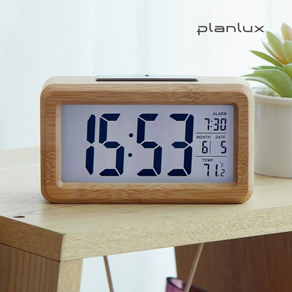 플랜룩스 LED 백라이트 우드 디지털 전자 탁상시계 무소음 건전지 알람시계 제품 이미지