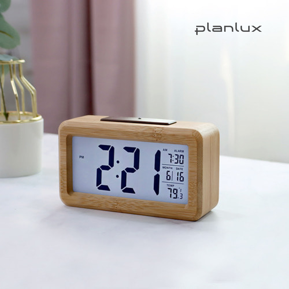 플랜룩스 LED 백라이트 우드 디지털 전자 탁상시계 무소음 건전지 알람시계