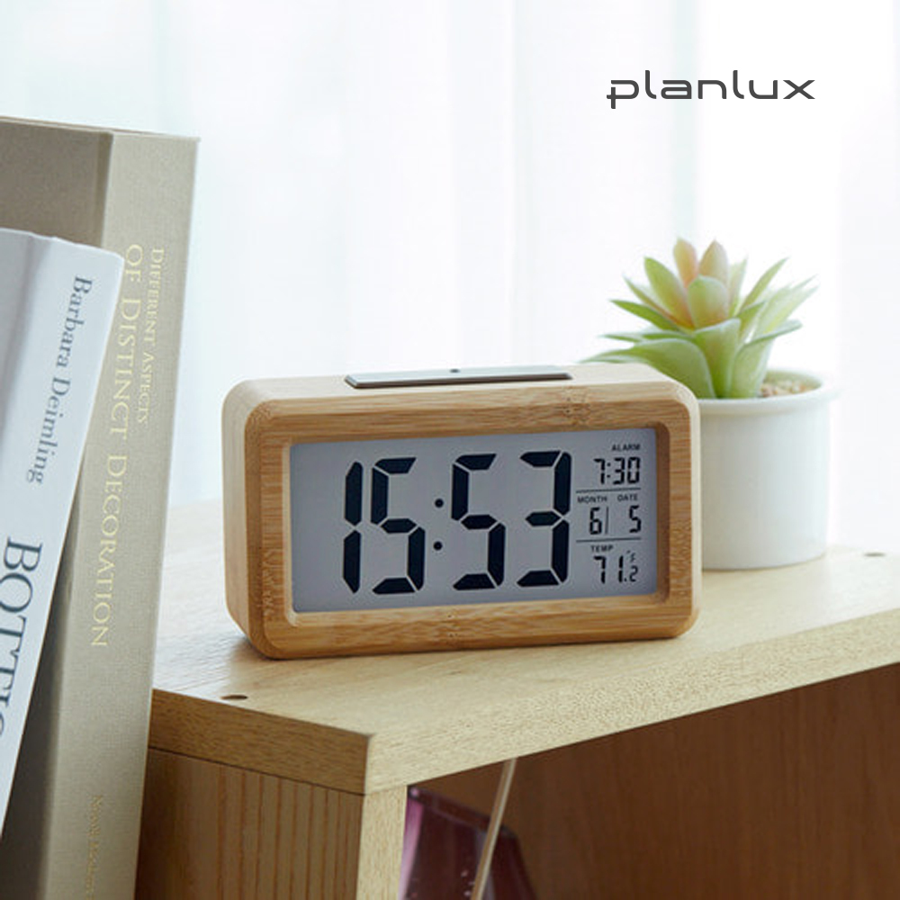 플랜룩스 LED 백라이트 우드 디지털 전자 탁상시계 무소음 건전지 알람시계