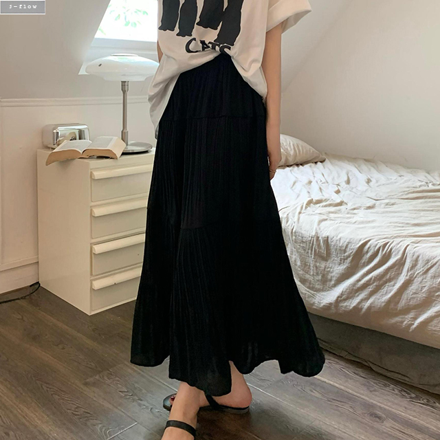 케일 플리츠 주름 허리밴딩 맥시 롱스커트 2col 봄 가을 A라인 데일리 실키 제이플로우 - 상세 이미지 5