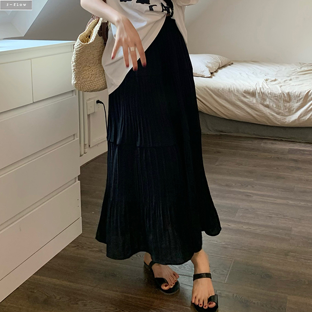 케일 플리츠 주름 허리밴딩 맥시 롱스커트 2col 봄 가을 A라인 데일리 실키 제이플로우 - 상세 이미지 3
