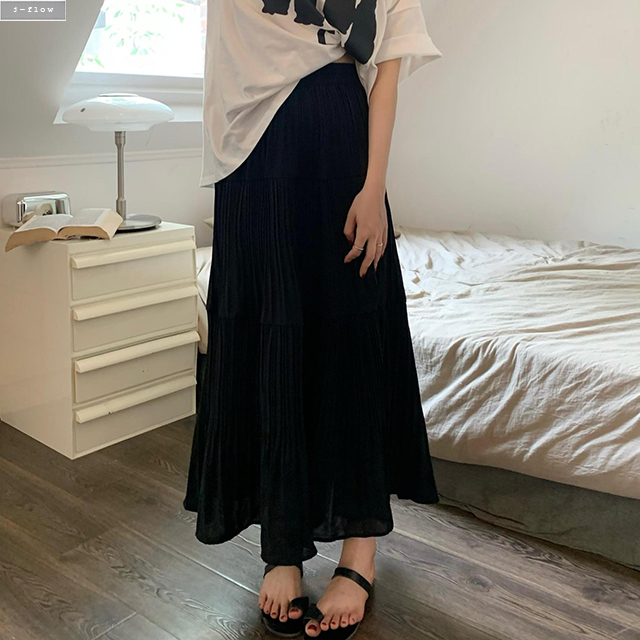 케일 플리츠 주름 허리밴딩 맥시 롱스커트 2col 봄 가을 A라인 데일리 실키 제이플로우 이미지 7