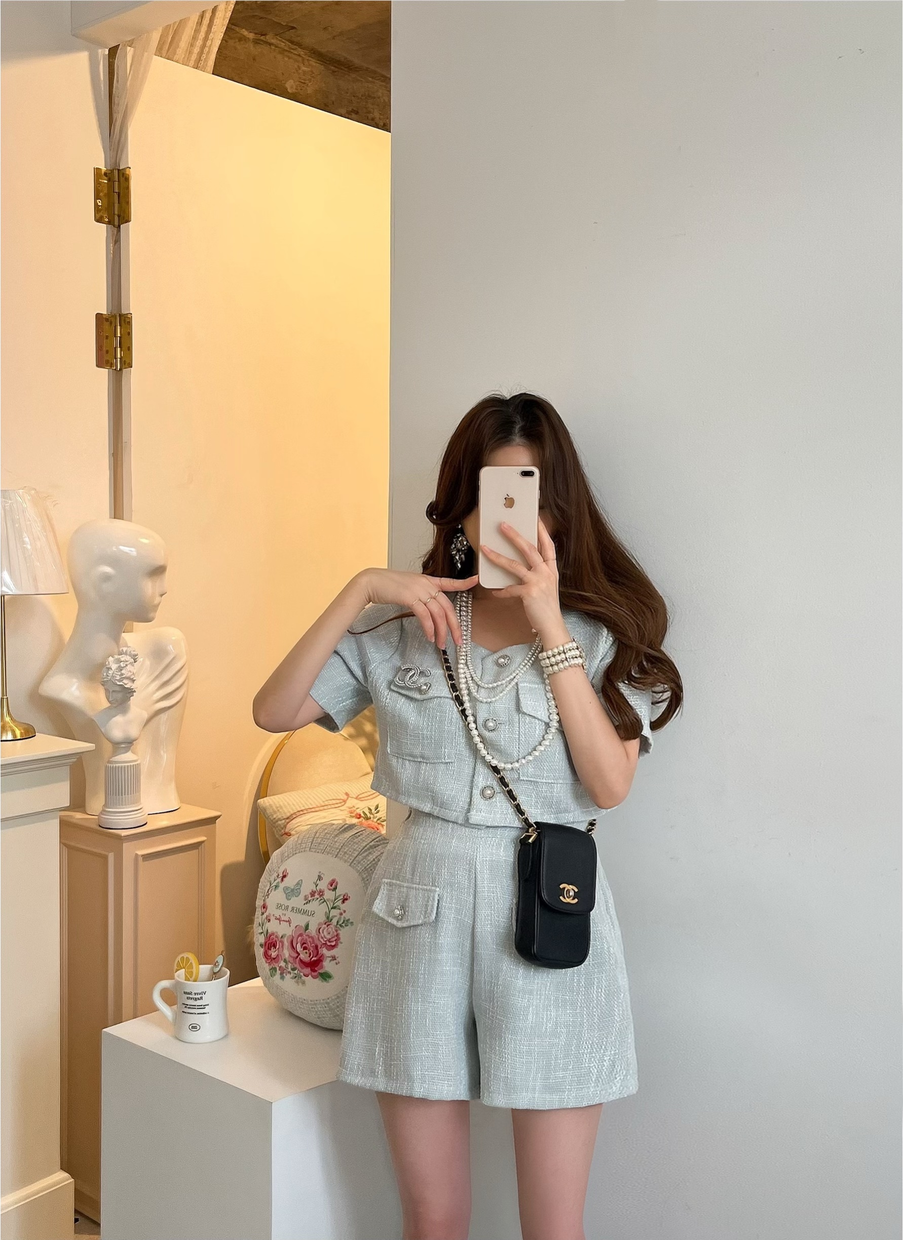 2color 제니퍼 트위드 셋업 수트 투피스 SET (크롭재킷&하프팬츠/진주버튼,스퀘어넥,하이웨스트,포켓) [비비아레이디]