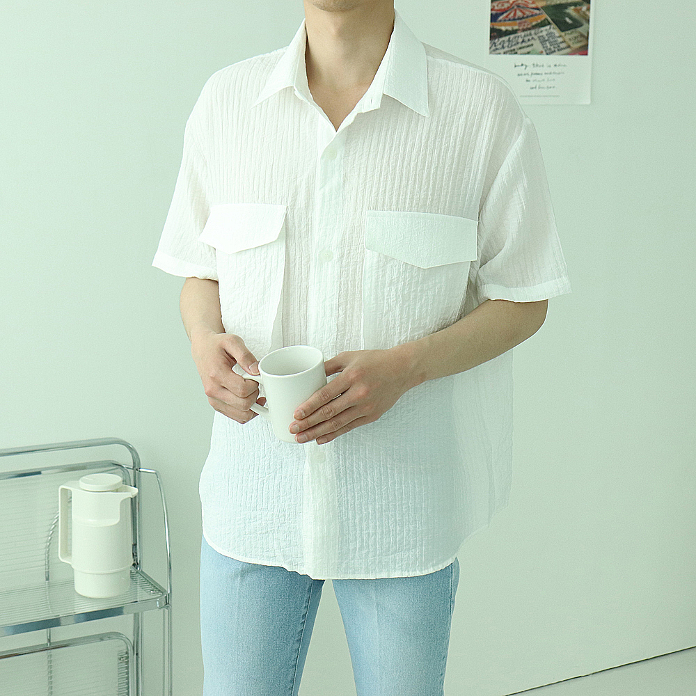 남자반팔셔츠 오버핏 링클프리 실크 린넨셔츠 - 상세 이미지 3